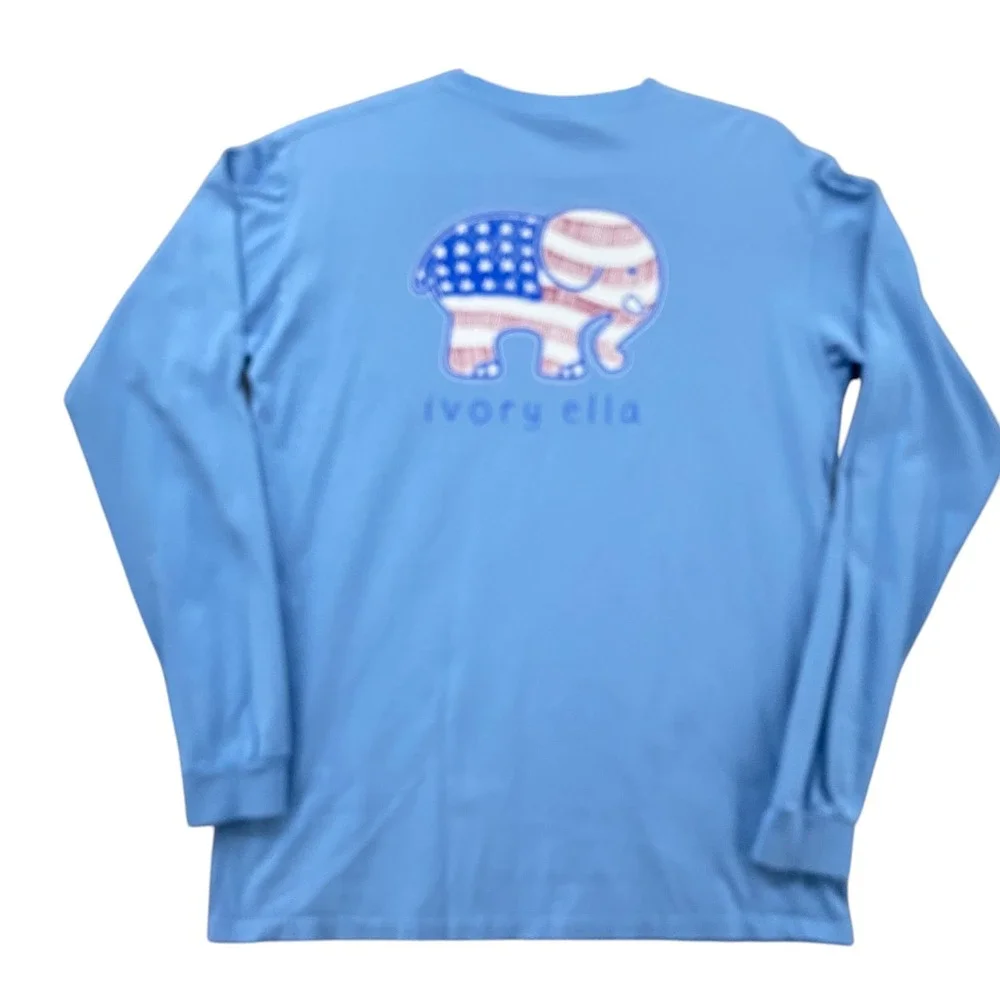 Ivory Ella Mens Large Blue Long Sleeve Patriotic American Flag Elephant Tee